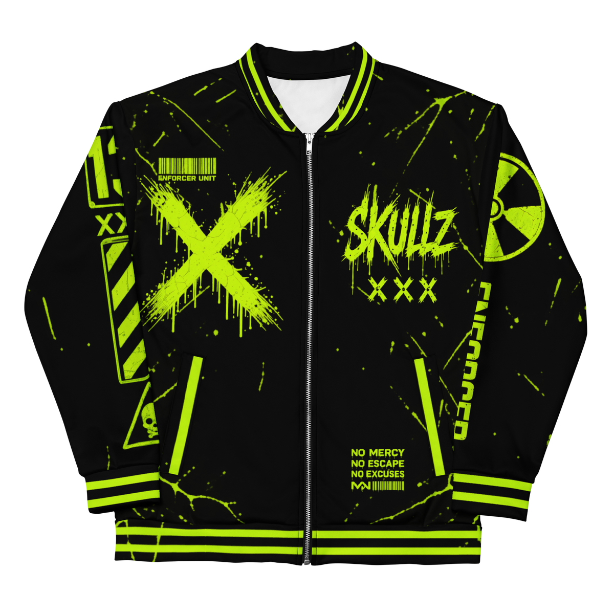 Mean Mug World Toxic District SKULLZ Signature Jacket with neon green industrial graphics