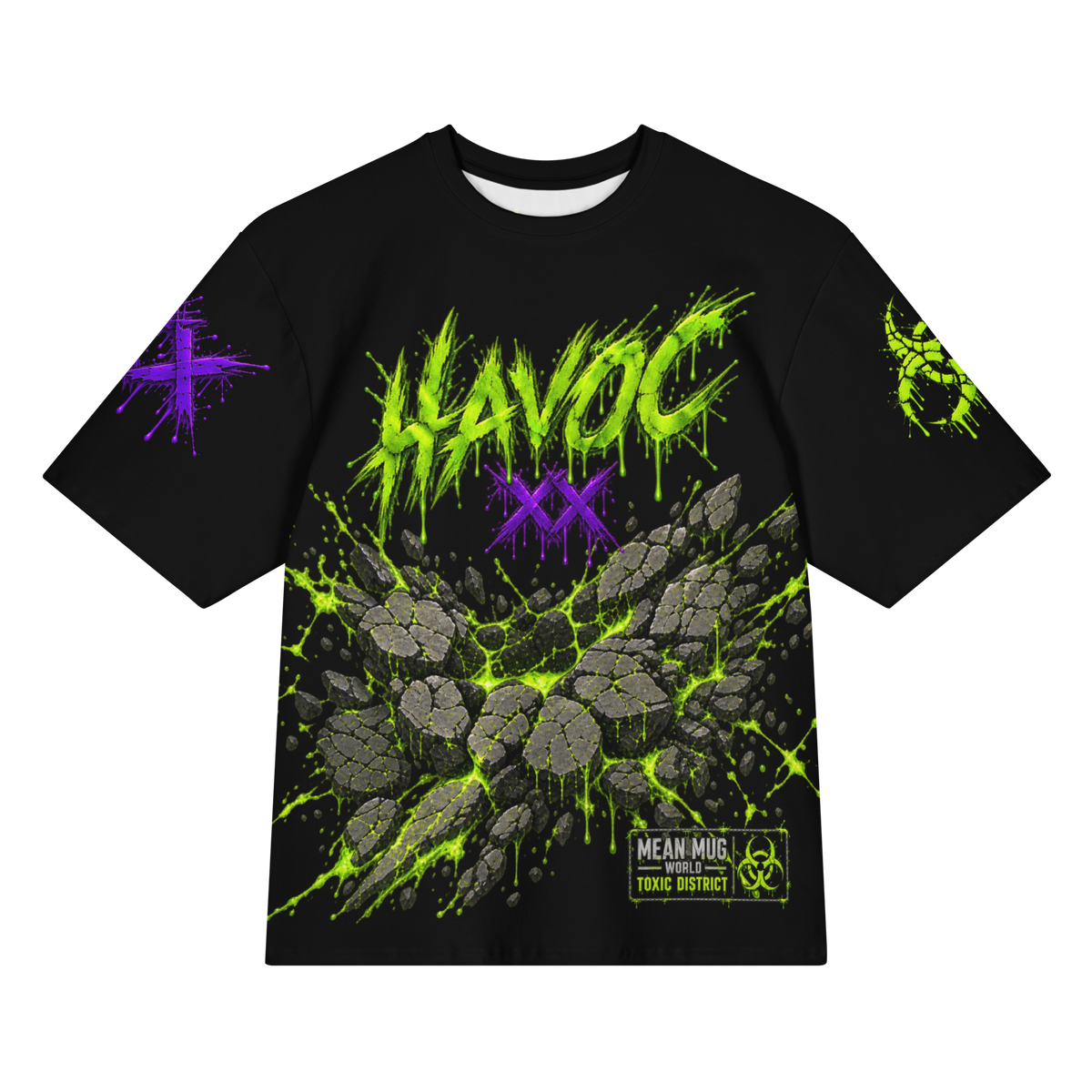 Mean Mug World Toxic District HAVOC Signature T-Shirt with neon green cracked skull graphics