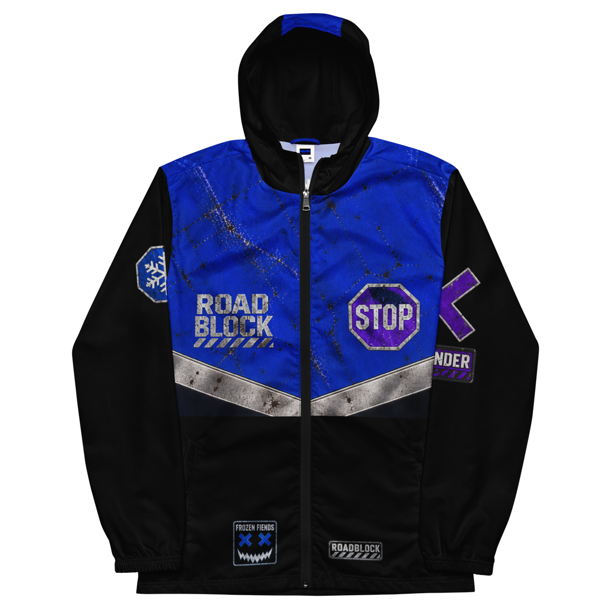 Mean Mug World Frozen Fiends ROADBLOCK Signature Jacket with blue and black roadblock graphics