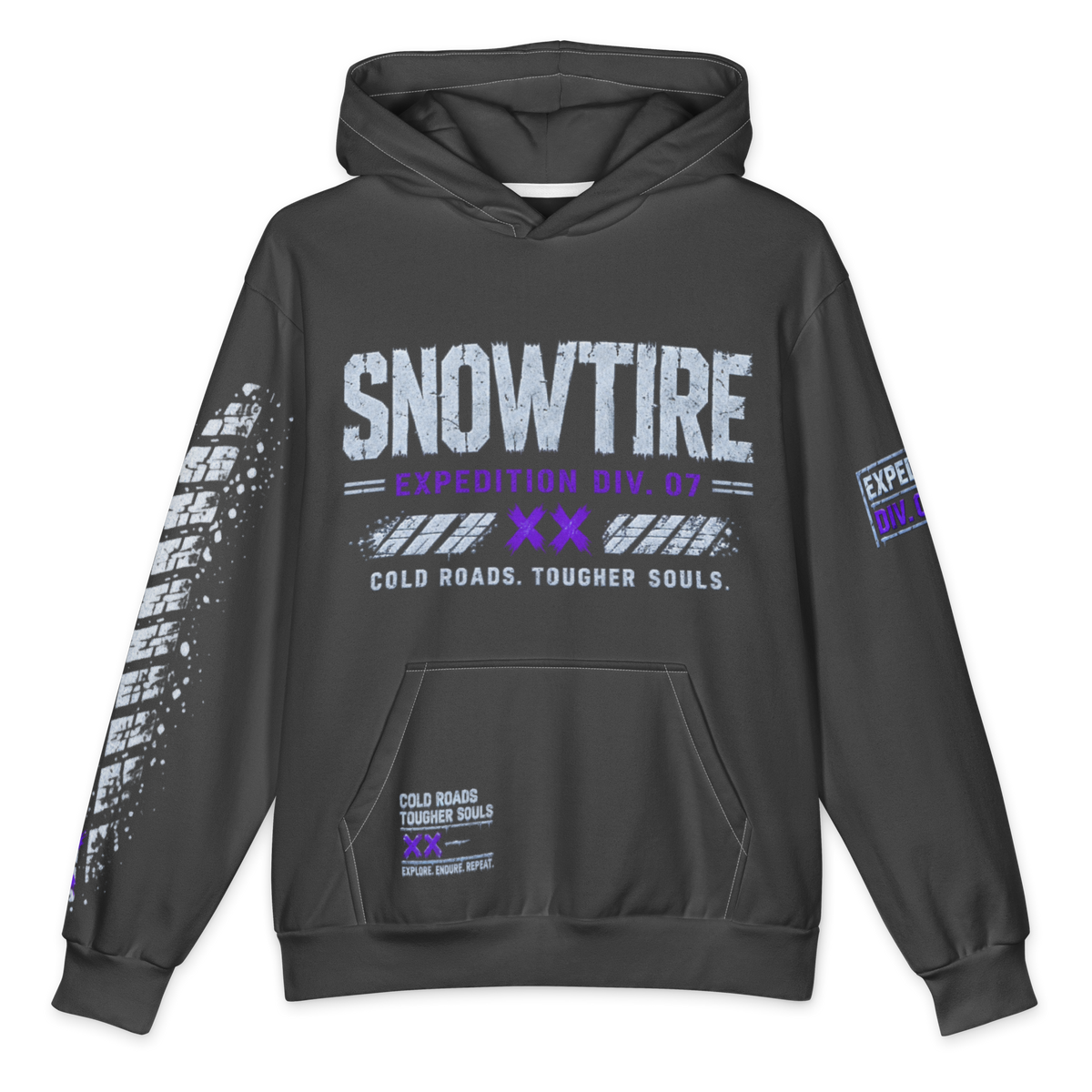 Mean Mug World Frozen Fiends SNOWTIRE Signature Hoodie with icy road and winter graphics