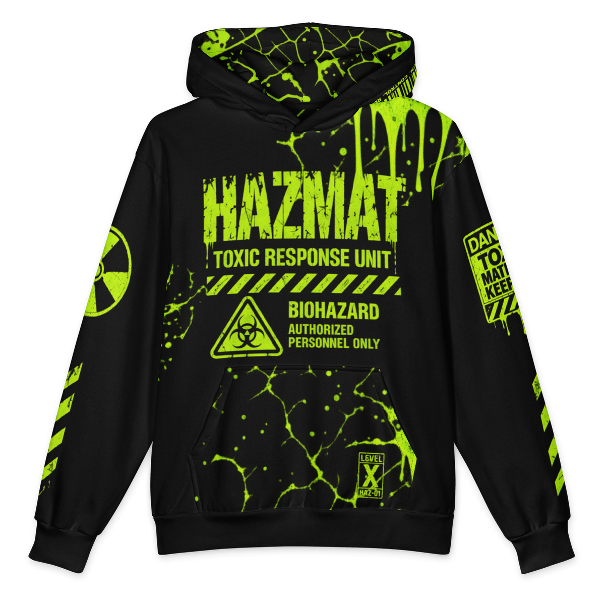 Mean Mug World Toxic District HAZMAT Signature Hoodie with neon green biohazard graphics