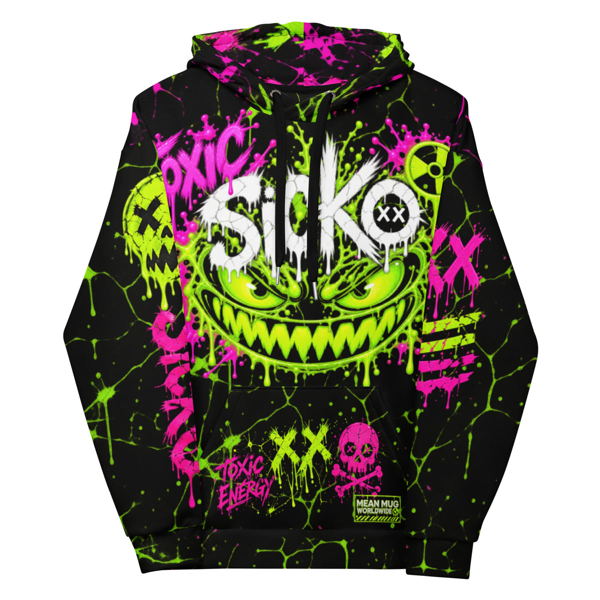 Mean Mug World Toxic District SICKO Signature Hoodie with neon green and pink graffiti graphics