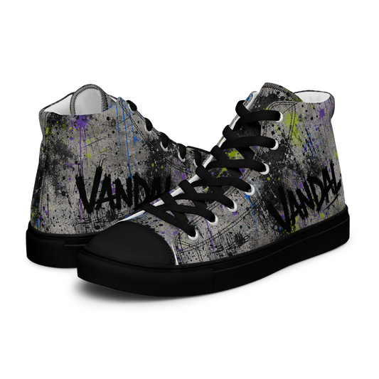 Black and gray high top canvas sneakers with graffiti-inspired street art graphics featuring VANDAL from Toxic District.