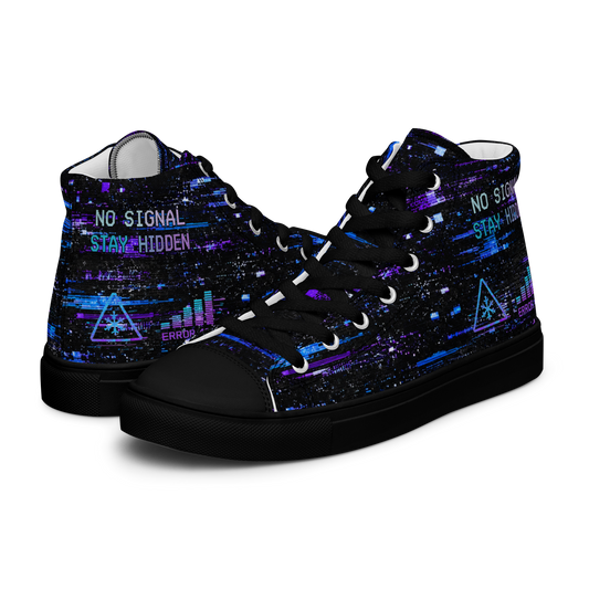 Dark blue high top canvas sneakers featuring digital static and signal loss graphics inspired by STATIC.
