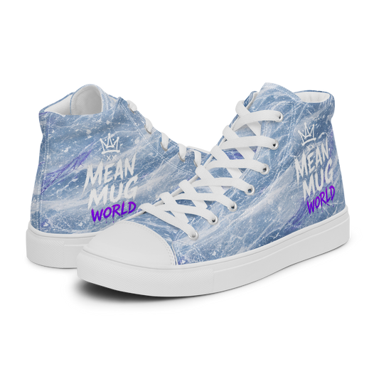 White and blue high top canvas sneakers featuring the Mean Mug World signature logo design.