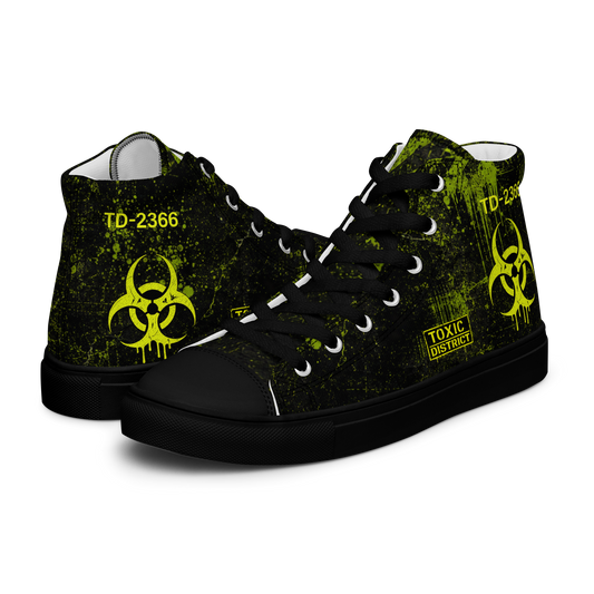 Black high top canvas sneakers with neon green biohazard graphics inspired by the Toxic District collection.