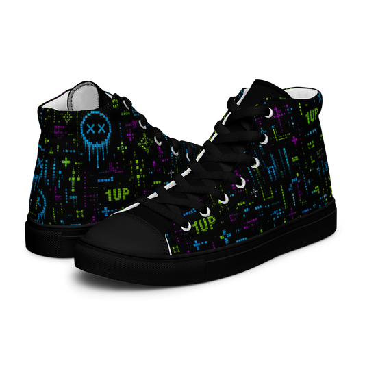 Black high top canvas sneakers featuring colorful pixel glitch artwork inspired by GAMEOVER from Toxic District.